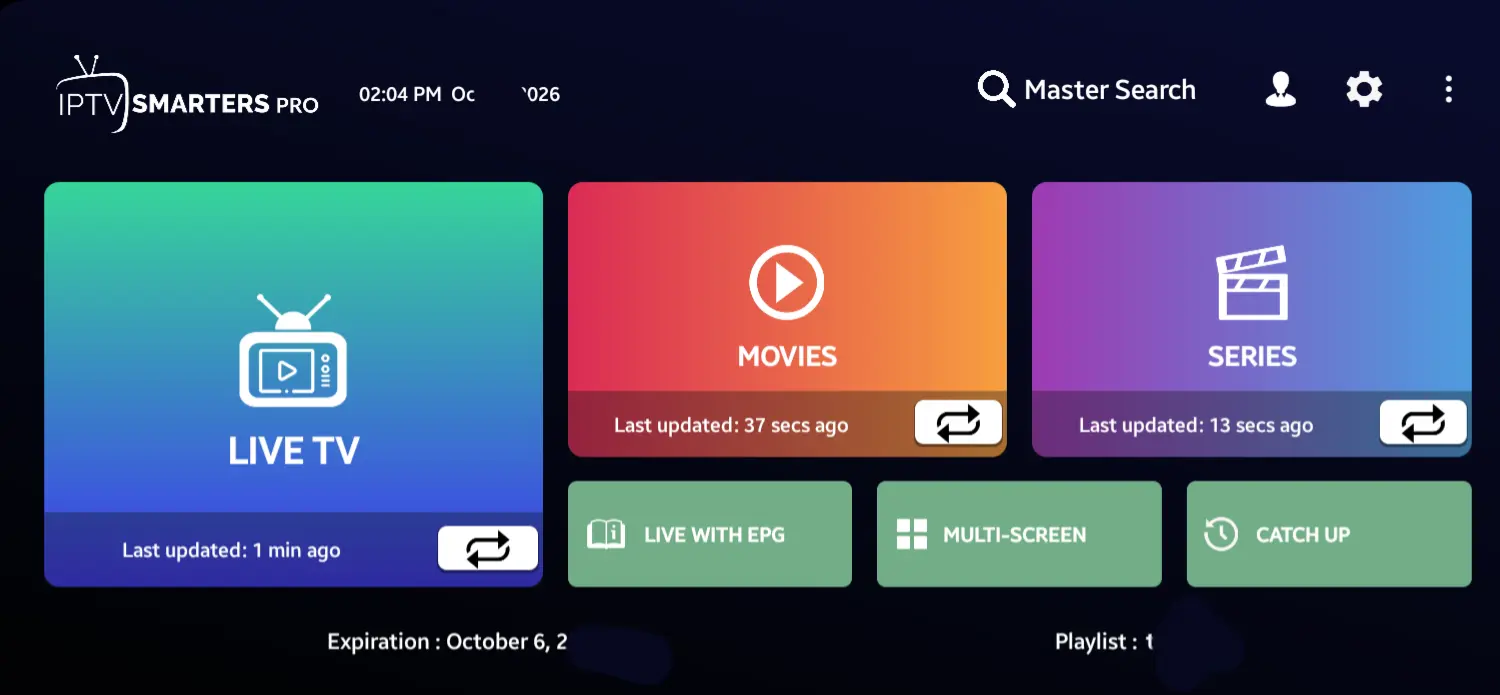 Écran d’accueil IPTV Smarters Pro sur Android