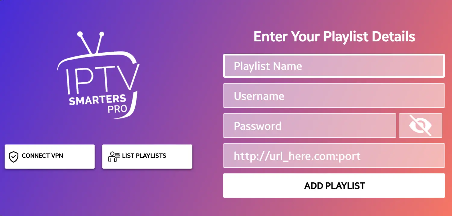 Écran de connexion Xtream Codes dans IPTV Smarters Pro